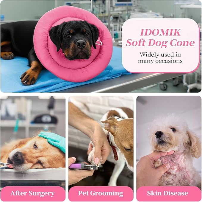 IDOMIK Dog Recovery Collar, Waterproof Soft Dog Cone After Surgery, Comfy Protective Elizabethan Collar Alternative for Dogs Cats, Adjustable Pet Neck Donut Cone Anti-Licking Biting Wounds,Rose,L