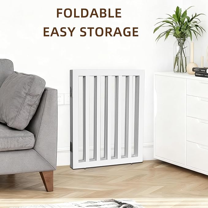 Dog Gate Indoor, Freestanding Dog Fence for The House, Doorways, Hallways,or Stairs,Pet Gate Foldable Wooden,Expandable 24" Height 4 Panels,White