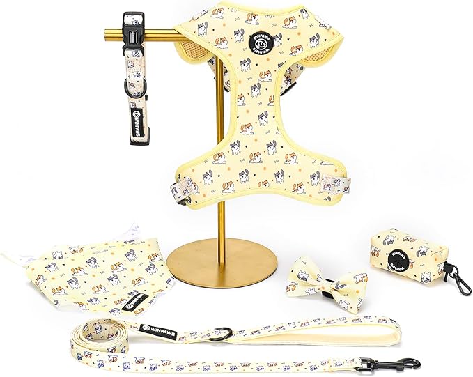 Dog Harness and Lead, Bow Tie Collar Set with Dog Poop Bag Holder and Bandanas, Escape Proof Adjustable Puppy Cat Vest with Soft Mesh Padded, Pet Supplies for Small Medium Dogs Kitten (Yellow Puppy,L)