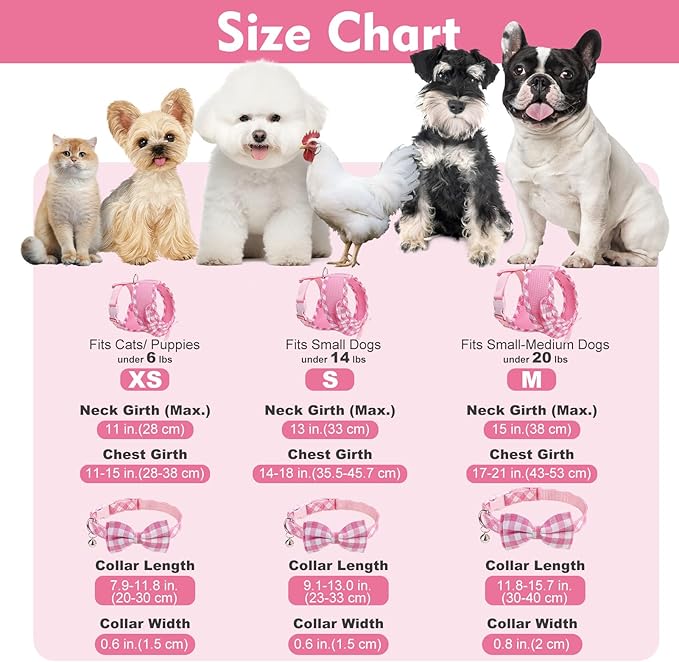EXPAWLORER Cute Dog Harness Collar Leash Set - Pink Girl Dog Harness Checkered Step-in Design, Detachable Bow Pet Collar, Adjustable No-Choke Lightweight Mesh Vest for Small Medium Dogs, M