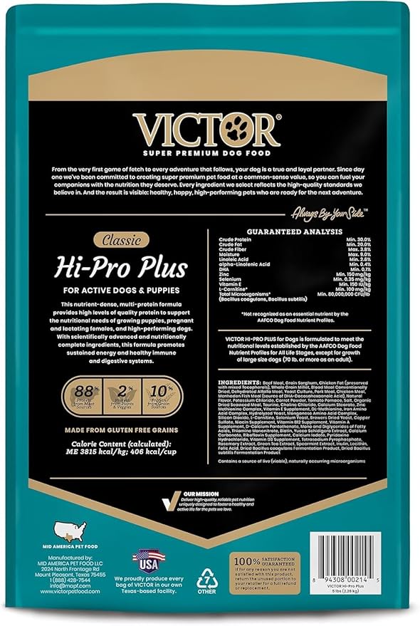 VICTOR Super Premium Dog Food – Hi-Pro Plus Dry Kibble – High Protein Dog Food with 30% Protein – Beef, Chicken, Pork, Fish Meals, Gluten Free - for High Energy and Active Dogs & Puppies, 5lbs
