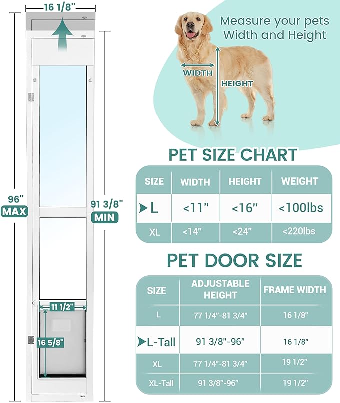 96 Inch Dog Door for Sliding Glass Door for Large Dogs - Left Open from Inside