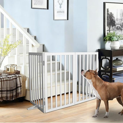 Dog Gate Indoor, Freestanding Dog Fence for The House, Doorways, Hallways,or Stairs,Pet Gate Foldable Wooden,Expandable 24" Height 3 Panels,White