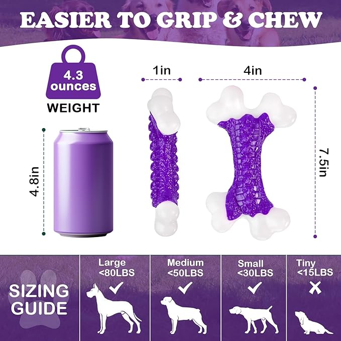 Kseroo 6-Pack Indestructible Dog Toys for Aggressive Chewers: Bacon Flavored Hard Nylon Bone Chew Toys, Tough Dog Chew Toys for Large Dogs, Dog Toys to Keep Them Busy for Medium Large Breed, Purple