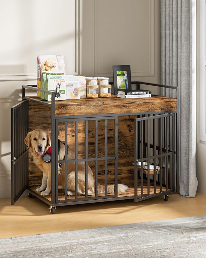 2PCS 43 Inch Dog Crate Furniture, Heavy Duty Dog Kennel with 3 Doors, 2 Adjustable Bowls and Lockable Wheels, Wooden Dog House for Large Dogs, End Table Dog Cage, Rustic Brown