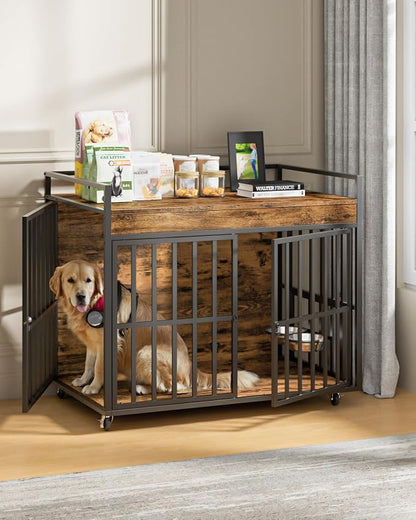 2PCS 43 Inch Dog Crate Furniture, Heavy Duty Dog Kennel with 3 Doors, 2 Adjustable Bowls and Lockable Wheels, Wooden Dog House for Large Dogs, End Table Dog Cage, Rustic Brown