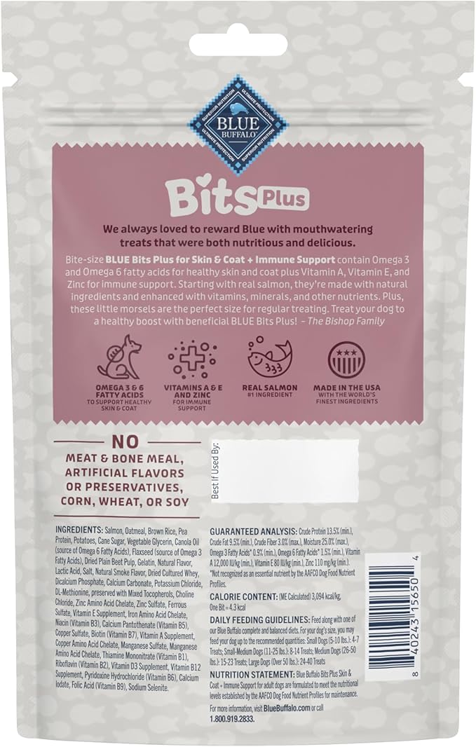Blue Buffalo Blue Bits Plus Skin & Coat and Immune Support Daily Benefit Dog Treats, Soft & Chewy Salmon Morsels, 9.5-oz. Bag