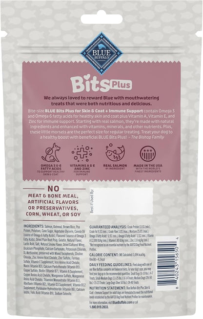 Blue Buffalo Blue Bits Plus Skin & Coat and Immune Support Daily Benefit Dog Treats, Soft & Chewy Salmon Morsels, 9.5-oz. Bag