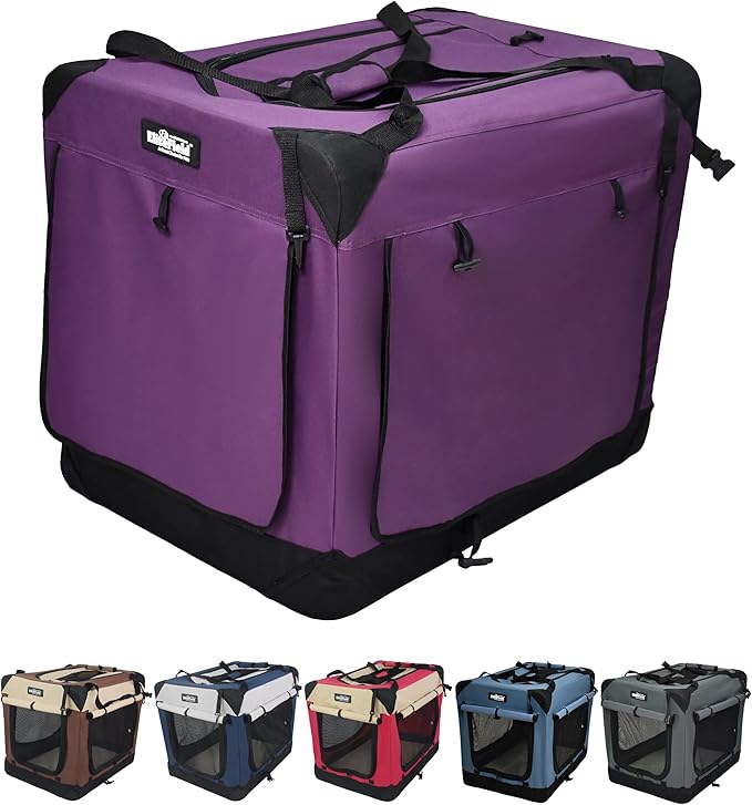 EliteField 4-Door Folding Soft Dog Crate with Curtains, Carrying Bag and Fleece Bed (2 Year Warranty), Indoor & Outdoor Pet Home (36" L x 24" W x 28" H, Purple+4 Door Curtains)