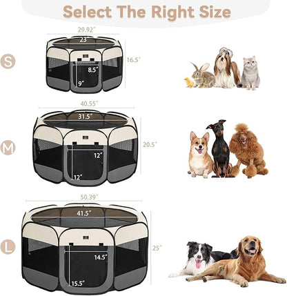 Dog Playpen for Small Dogs & Puppies, 50.39" Portable Indoor Outdoor Puppy Playpen with Bowl, Waterproof Floor, Foldable Pop-Up Pet Pen for Home, Travel & Daily Use, Grey+Beige