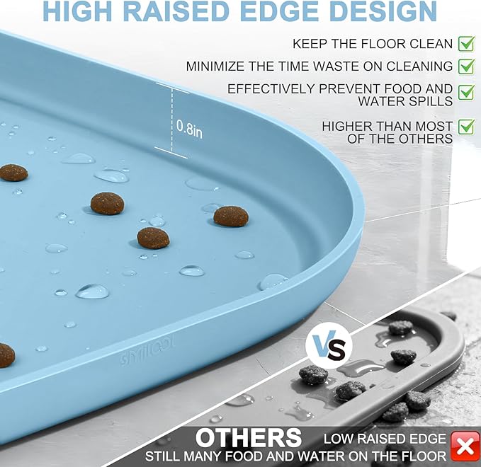 Smilool Silicone Pet Food Mat with Raised Edge for Food and Water Bowl, Dog Feeding Mats, Cat Food Trays for Floor Waterproof, Rubber Tray for Dogs and Cats, 24 x 16 x 0.8 Light Blue
