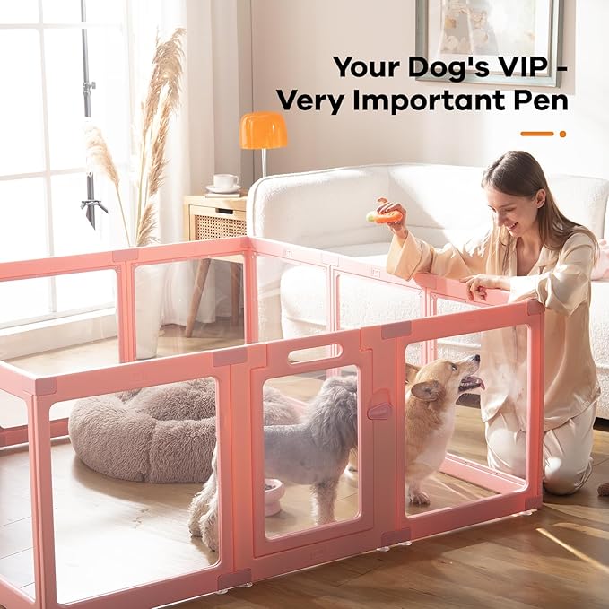 Clear Acrylic Dog Playpen Indoor, Puppy Cat Small Pet Play Pen, Pet Cat Playpen for Rabbits, Dog Fence Crate Kennel Whelping Cage (Pink, 12 Panel)