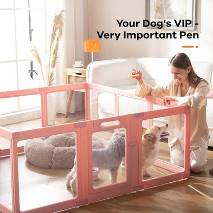Clear Acrylic Dog Playpen Indoor, Puppy Cat Small Pet Play Pen, Pet Cat Playpen for Rabbits, Dog Fence Crate Kennel Whelping Cage (Pink, 12 Panel)