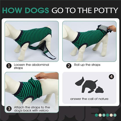 FUAMEY Recovery Suit for Dogs After Surgery,Soft Breathable Dog Bodysuit E-Collar & Cone Alternative Surgical Suit,Male Female Dog Neuter Spay Suits Anti Licking Wounds Onesie Green Black Stripes L