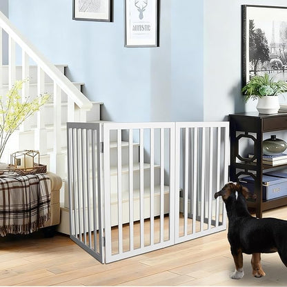 ZJSF Freestanding Indoor Dog Gate for House Foldable Wood White Puppy Gate for Doorways Pet Gate for Stairs Extra Wide Pet Fence 32" Height 3 Panels
