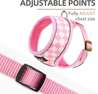 PUPTECK Soft Mesh Dog Harness and Leash Set Pet Puppy Cat Comfort Padded Vest No Pull Harnesses, Checkered Pink&White, L