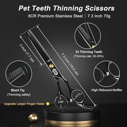 CIICII Dog Grooming Scissors Kit, 7 Inch Professional Pet Grooming Scissors Set with Safety Round Tip (Dogs/Cat Hair Cutting Trimming Thinning Shears with Curved Scissors) for DIY Home Salon (Black)