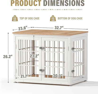 rehomerance 32 Inch Heavy Duty Dog Crate Furniture for Medium and Small Dogs, Decorative Pet House End Table, Wooden Cage Kennel Furniture Indoor, Natural and White