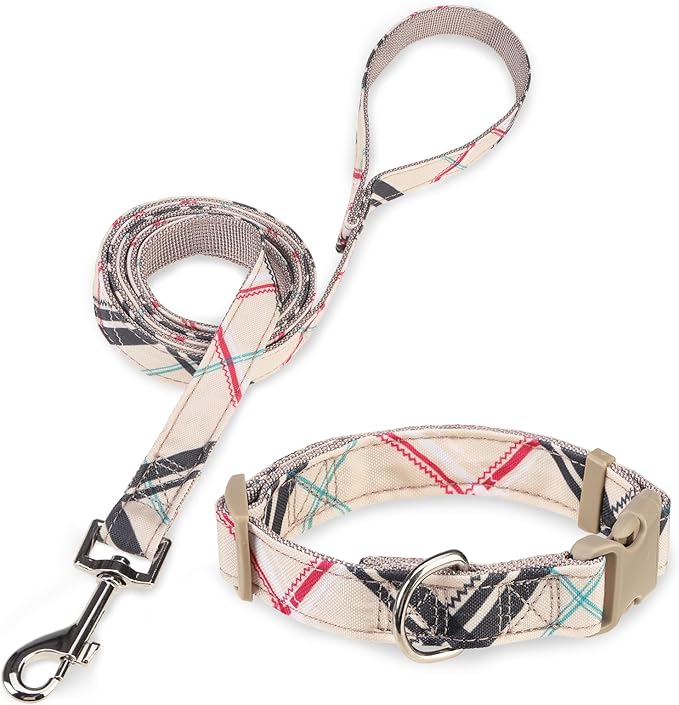 Dog Collar and Leash Set for Medium Dogs, Adjustable Soft Puppy Collar with Quick Release Buckle, 5FT Heavy Duty Nylon Matching Leash for Boy Girl Chihuahua, Yorki, Bulldog, Beige M