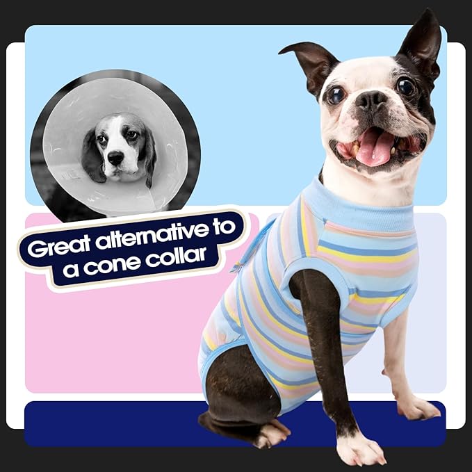 FUAMEY Recovery Suit for Dogs After Surgery,Soft Breathable Dog Bodysuit E-Collar & Cone Alternative Surgical Suit,Male Female Dog Neuter Spay Suits Anti Licking Wounds Onesie Blue Yellow Stripes XL