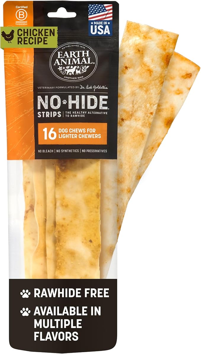 Earth Animal No Hide Strips - Natural Rawhide Free Dog Chew Strips, Chicken - 16 Count