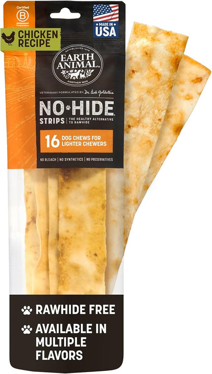 Earth Animal No Hide Strips - Natural Rawhide Free Dog Chew Strips, Chicken - 16 Count
