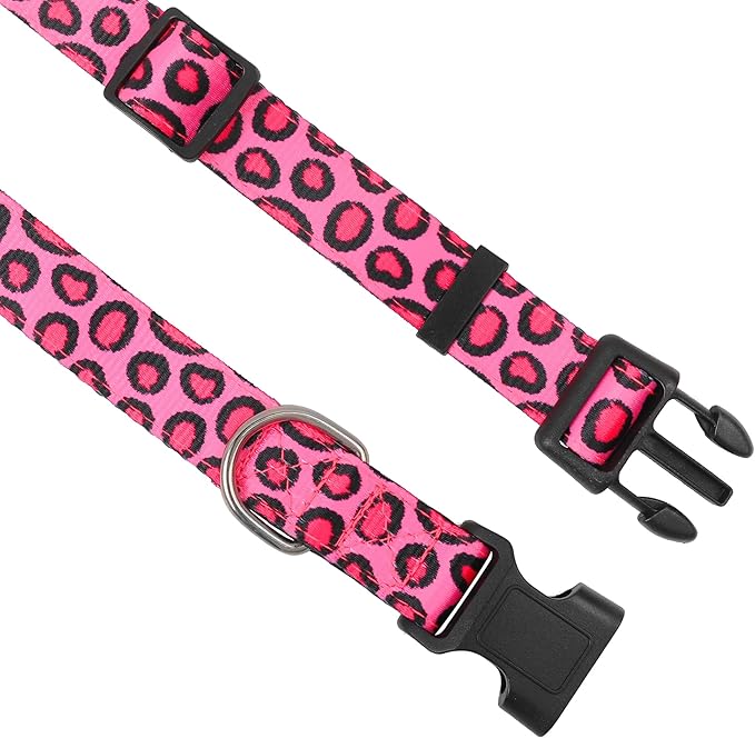 Reflective Dog Collar, Adjustable Soft Neoprene Padded Nylon Pet Collars with Buckle for Puppy and Small Dogs, Cats, Leopard Pink,S