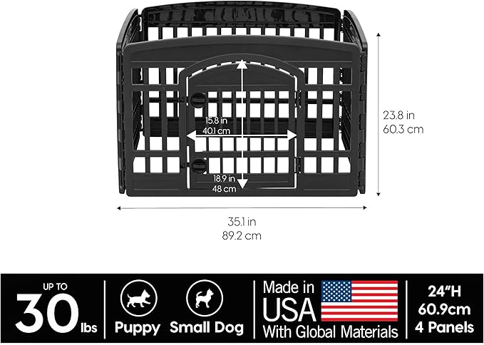 IRIS USA Dog Playpen with Door, 24” 4 Panel Pet Exercise Pen – Indoor Outdoor Puppy Play Pen, Portable Plastic Pet Fence for Small Medium Dogs, Foldable 35” x 35” x 24”, Black