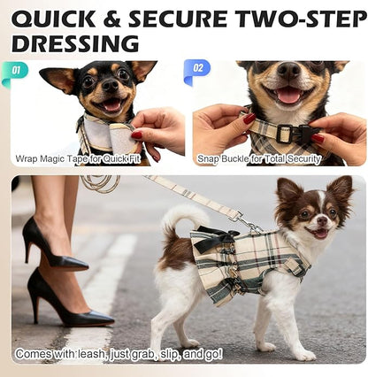 EXPAWLORER Dog Harness Small Medium Sized Dogs, Plaid Dog Dress Bowknot Harness and Leash Set, No Choke No Pull Soft Mesh Vest Cute Princess Puppy Outfits Clothes Costume for Girls Party Cats Beige XS
