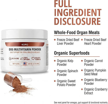 Kopo Dog Multivitamin Powder | Supports Heart, Daily Vitality, Immune Health, Digestion, Skin & Coat and Hip & Joint | For Puppy, Adult & Senior Dogs | Beef Liver Flavor | All Breeds Sizes | 99 Scoops