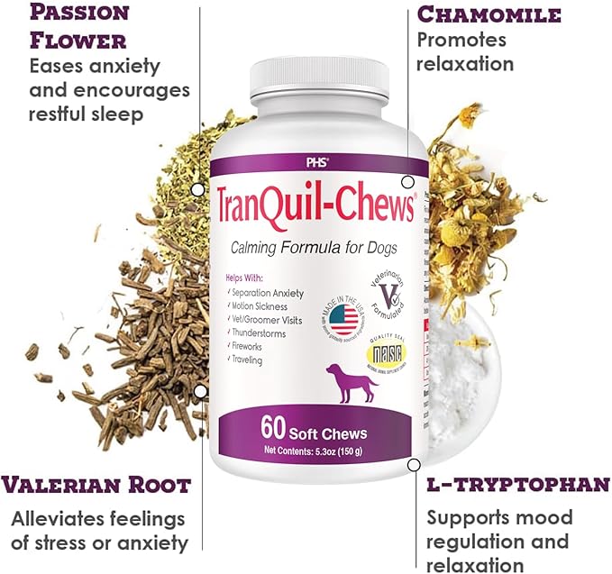 Tranquil-Chews Calming Formula for Dogs – Anxiety, Stress, Travel, Fireworks Relief – Chamomile, L-Tryptophan, Ginger – Beef Flavored Soft Chews – 60 Count – Supports Relaxation and Balanced Behavior
