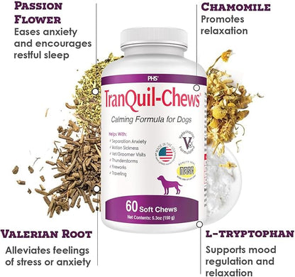 Tranquil-Chews Calming Formula for Dogs – Anxiety, Stress, Travel, Fireworks Relief – Chamomile, L-Tryptophan, Ginger – Beef Flavored Soft Chews – 60 Count – Supports Relaxation and Balanced Behavior