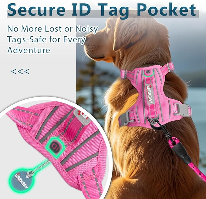 BARKBAY Dog Harness No Pull with ID Tag Pocket - Heavy Duty, Reflective, Easy Control for Large Dogs(Pink,L)