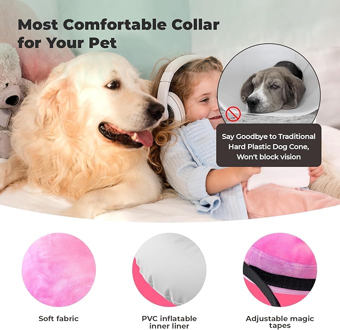 Dog Cone, Uadonile Inflatable Cone Collar for Dogs and Cats, Dog Neck Collar Recovery E-Collar Alternative After Surgery, Elizabethan Collar for Dogs Recovery(Tie-dye Rose Purple, XL)