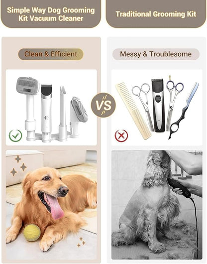 Dog Vacuum Grooming Kit for Shedding: Professional Hair Clippers Pet Groomer - Strong Suction Cleaner Deshedding Tool Fur Brush Attachment Trimmer for Home Cat (Pale White)