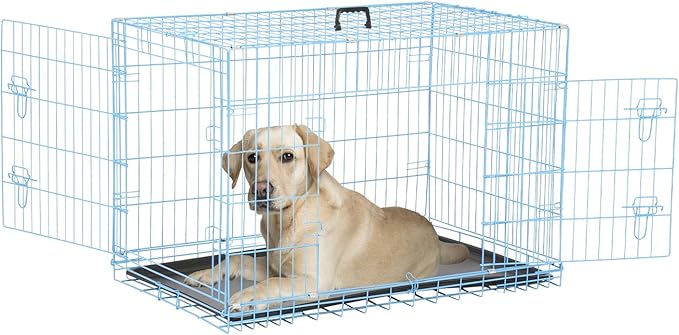 Dog Crate, Wire Kennel with Divider Panel, Metal Cages with Double Door, Leak-Proof Pan Tray, Folding Portable Pet Dog Cage for Indoor Outdoor Travel (Blue, 48")