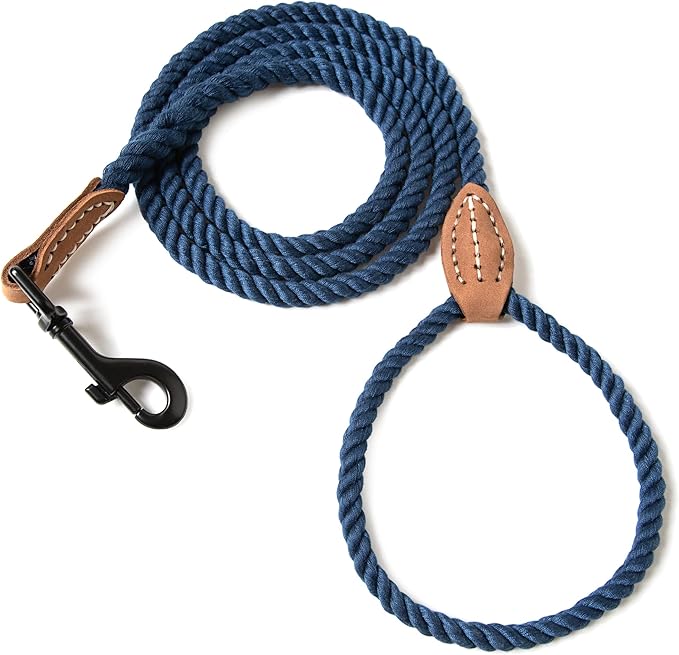 Mile High Life Dog Leash, Braided Cotton Rope Leashes with Leather Tip - Heavy Duty Metal Clasp, 6FT, 1/3" Thick - Wedding, Walking Leash for Small Medium Puppys(Navy)
