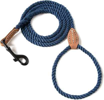 Mile High Life Dog Leash, Braided Cotton Rope Leashes with Leather Tip - Heavy Duty Metal Clasp, 5FT, 1/3" Thick - Wedding, Walking Leash for Small Medium Puppy(Navy)
