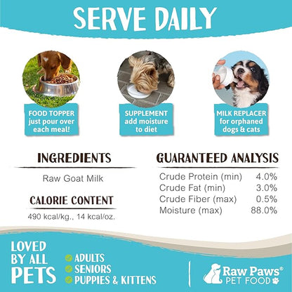 Raw Paws Raw Unpasteurized Goat Milk for Dogs & Cats, 16-oz, 14 Pack - Pet Milk Replacer for Puppies & Kittens, Goat Supplement for Dogs, Sensitive Stomach Dog Food Topper, Frozen Raw