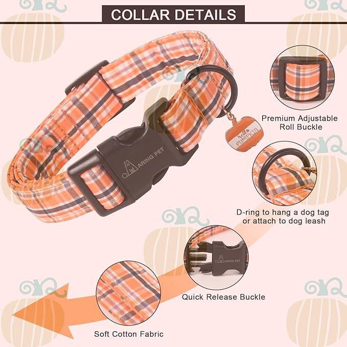 ARING PET Puppy Fall Dog Collar, Autumn Orange Black White Plaid Pet Collars for Small Medium Large Girl Boy Dogs Halloween-L Size