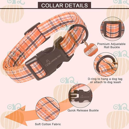 ARING PET Puppy Fall Dog Collar, Autumn Orange Black White Plaid Pet Collars for Small Medium Large Girl Boy Dogs Halloween-M Size