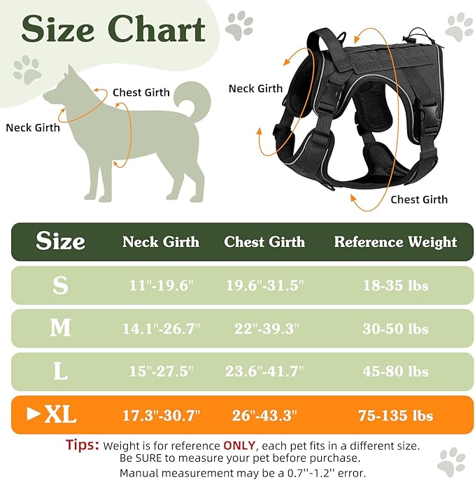 VavoPaw Heavy Duty Tactical Dog Harness for Large Dogs, No Pull Adjustable Pet Harness Reflective Service Training Easy Control Pet Vest Military K9 Working Dog Harnesses, Black, XL