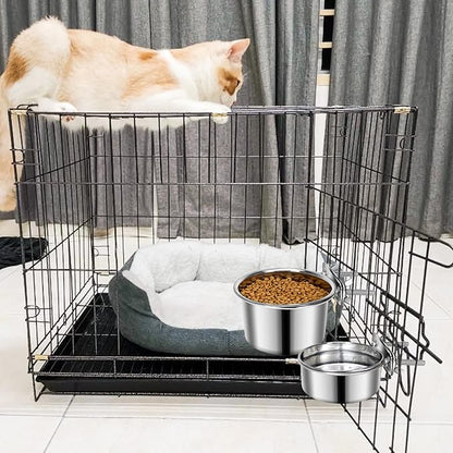 2 Pcs Small Pet Dog Food Water Bowl for Cage Stainless Steel Non-Spill Kennel Hanging Cats Pets Bowls with Clamp Holder Crate Feeder Dish for Small Dogs Pets (5.1x2.9'' & 4.7x1.9'')