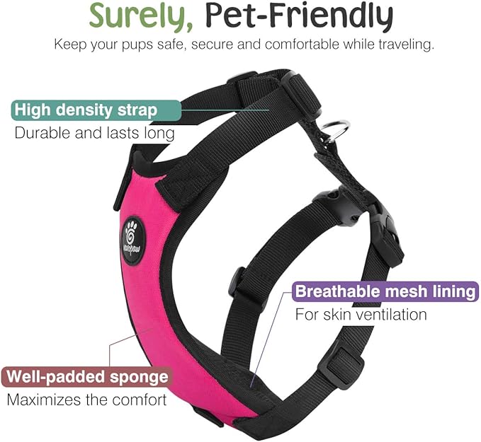 VavoPaw Dog Seat Belt, Safety Vest Dog Car Harness with Adjustable Buckle Dog Seat Belt for Vehicle Nylon Pet Safety Seat Belts Heavy Duty(L, Magenta)