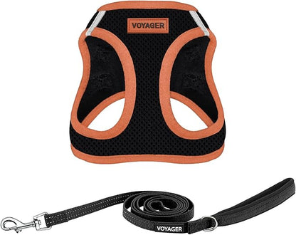 Best Pet Supplies Voyager Step-in Air All Weather Mesh Harness and Reflective Dog 5ft Leash Combo with Neoprene Handle, for Small, Medium and Large Breed Puppies - Set (Black/Orange Trim), X-Large