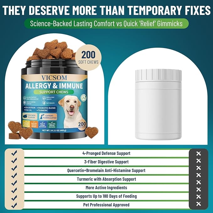 Dog Allergy Chews, 200 Dog Itching Skin Relief Chews, Immune & Seasonal Allergy Support, Paw Licking, Skin & Coat Support, Gut & Digestive Health, Dogs Allergy Relief, Chicken Flavor
