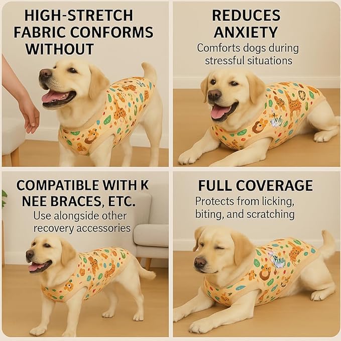 PetWarm Dog Surgical Recovery Suit Female, Substitute E-Collar Cone Prevent Licking Onesies for Dogs, Dog Surgery Recovery Suit, Female Male Onesie for Dogs Spay Neuter, Zoo Pattern, Yellow, L