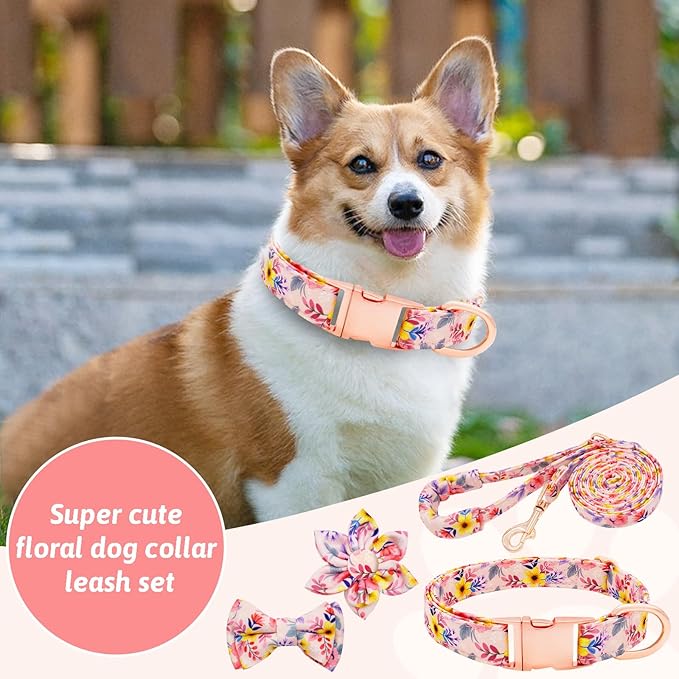 Dog Collar and Leash Set Girls Adjustable Puppy Collars with Floral Bow Tie for Small Medium Large Female Dogs, Pink Flower, XS