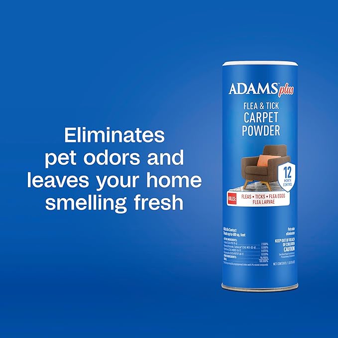 ADAMS Plus Flea & Tick Carpet Powder, Kills Fleas and Ticks On Contact, Prevents Flea Infestations for 12 Months, for Carpets and Upholstery, Freshens and Deodorizes, Treats Up to 400 sq ft, 16 oz