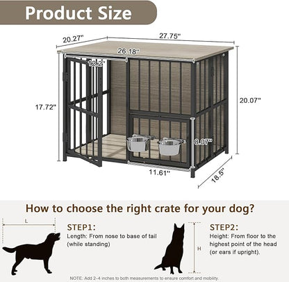 Hadulcet Foldable Dog Crate Furniture, No Assembly Indoor Dog Kennel with Storage Top, Wooden Dog Crate Table for Small to Medium Dogs (Up to 30 lbs), 27.55” Furniture Style Dog Cage with 2 Bowls Gray